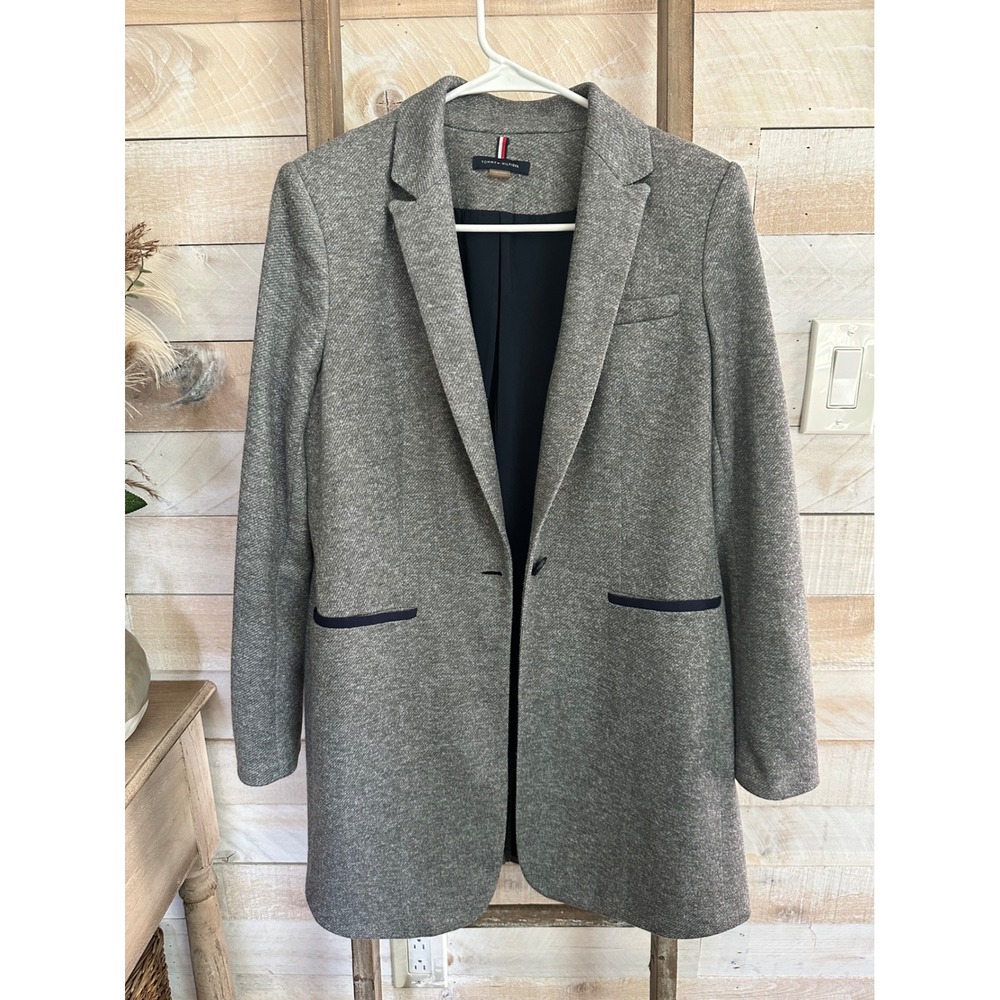 Tommy Hilfiger Womens Grey Marl Knit Longline Blazer Navy Elbow Patches Size 6